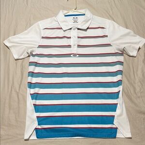 Oakley White and Blue Polo Shirt with Striped Design